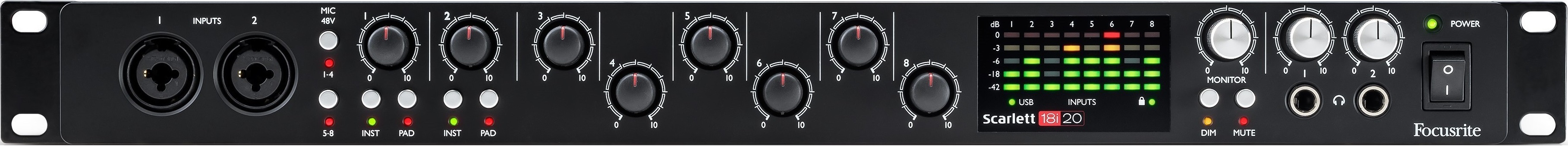 Focusrite 18i20 USB Audio Interface Front Panel  Focusrite 18i20 USB Audio Interface Front Panel